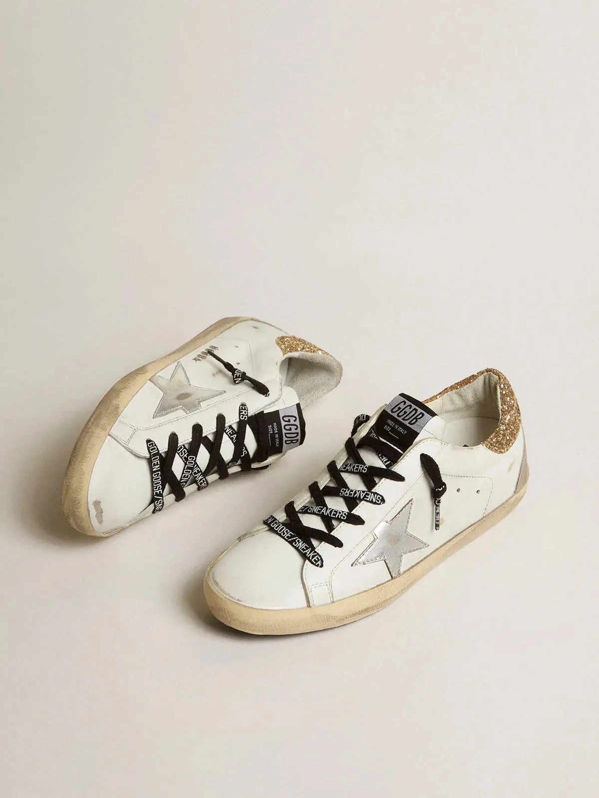 Golden Goose Super-Star White Leather Glittery Heel Tab