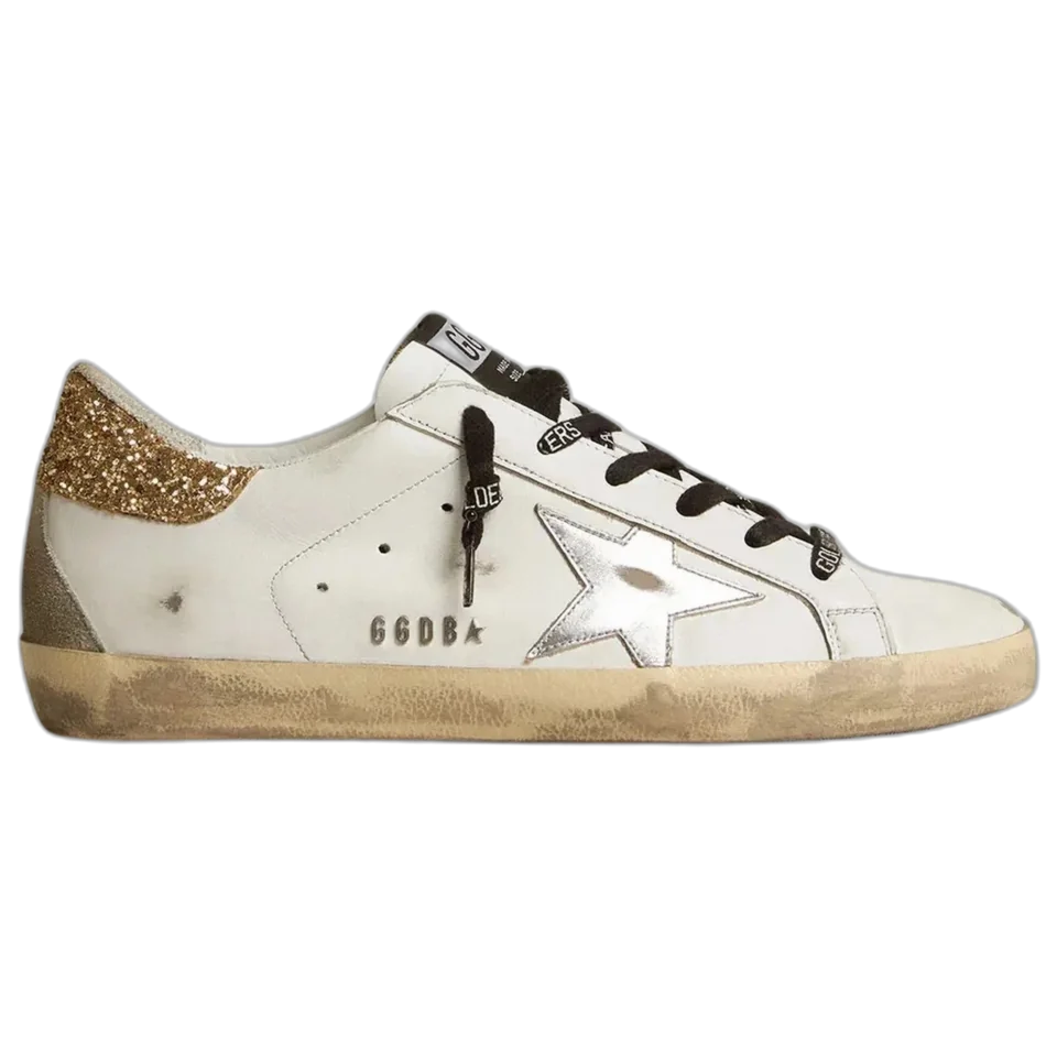 Golden Goose Super-Star White Leather Glittery Heel Tab